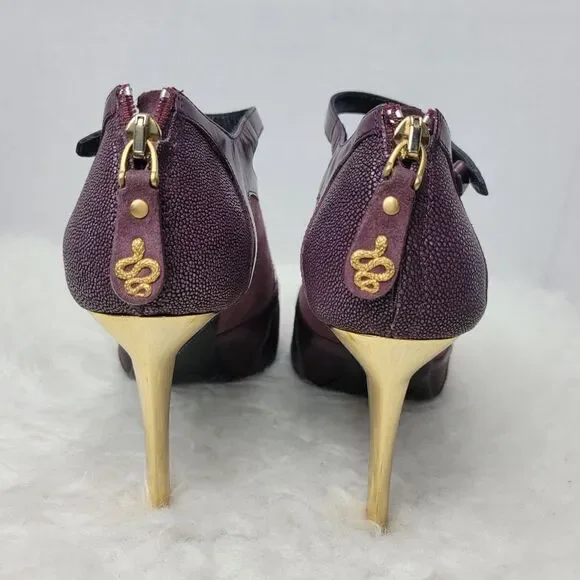 Roberto Cavalli Women's Stingray Purple Leather Bootie Heel Shoes Size 6.5 - Picture 4 of 11
